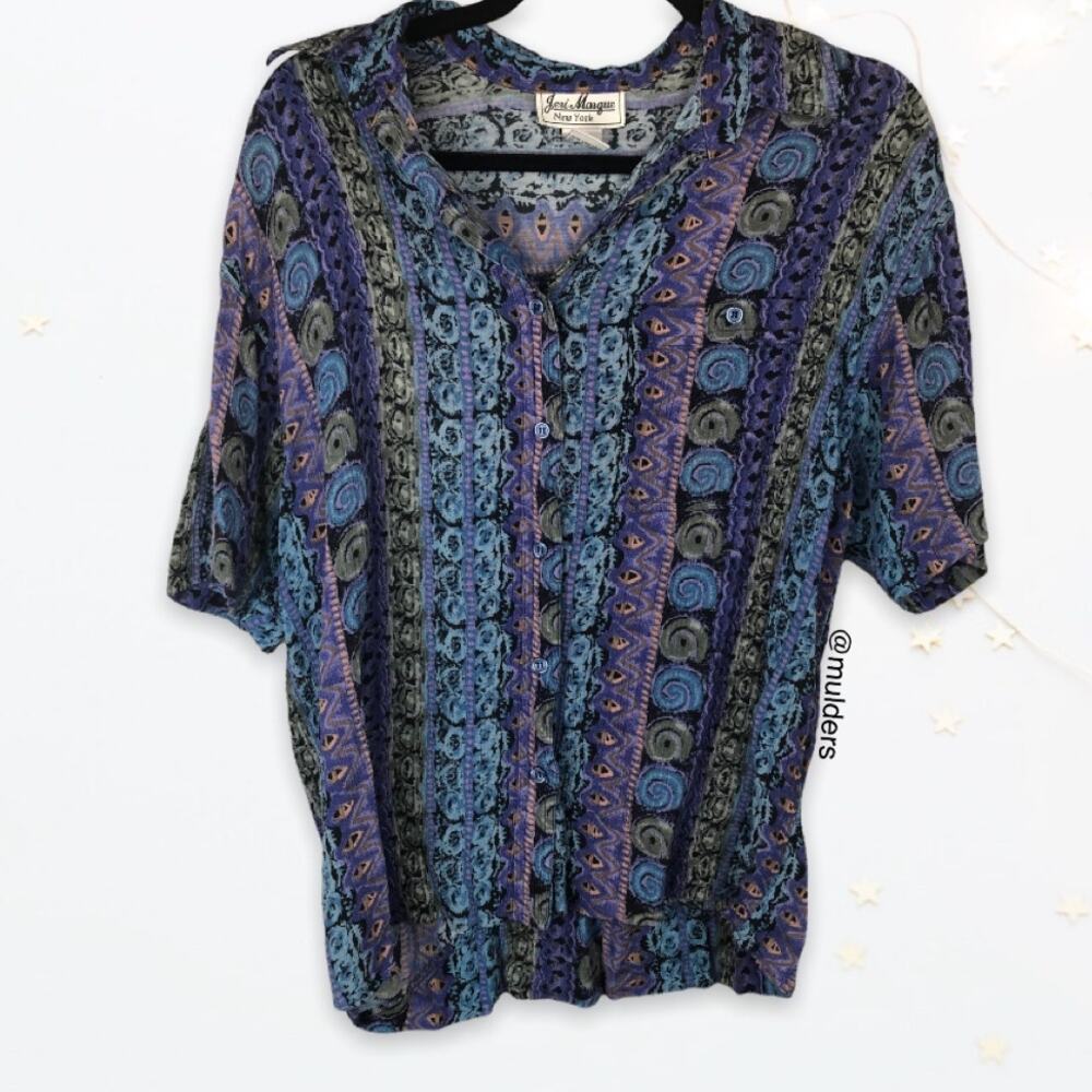 Vintage Jeri Marque Boho Bohemian Abstract Print Revival Funky Button Up Shirt
